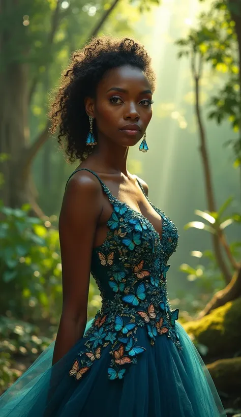 A middle-aged black woman wearing a dinner gown inspired by the colors of blue morpho butterflies, detailed face, detailed eyes, detailed lips, long eyelashes, elegant pose, standing in a lush forest, sunlight filtering through the trees, vivid colors, pho...