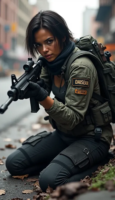 realistic, full body shot, photography, Tom Clancys The Division game, military woman, zoe saldana, short dark brown hair, military mercenary outfit in camouflage city colours consisting of black denim combat trousers and t-shirt and camo jacket and arafat...