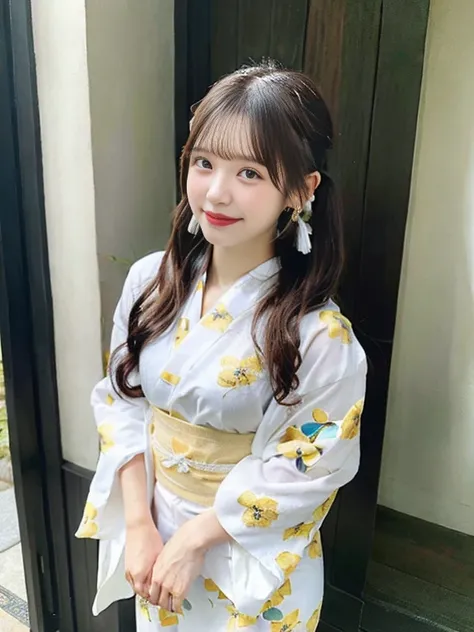  Japanese festival kimono similar to a white bikini、A beautiful girl who will fall in love with you 、Smiling Face、 twin tail hairstyle、 full body photo