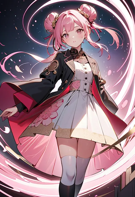 (masterpiece, best quality), 
A stylized anime-inspired illustration of a young girl with twin buns of light pink hair, featuring intricate spiral designs on her forehead. She wears a modern and elegant outfit that blends traditional and futuristic element...