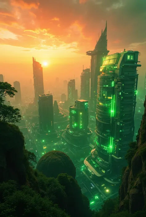 Hyper-realistic futuristic cityscape blending green architecture with holographic technology under a vivid sunset sky.

Shot with natural light,  cinematic feel, using a Sony Alpha A9 II and fe 24-70mm gm ii, creating a realistic photograph with accent lig...