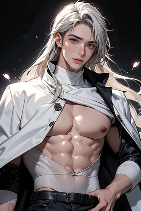 full hd, 4k, better quality, ((1 adult man, 40 years))), ((white long hair)), ((grey eyes)), white turtleneck, black trousers, b...