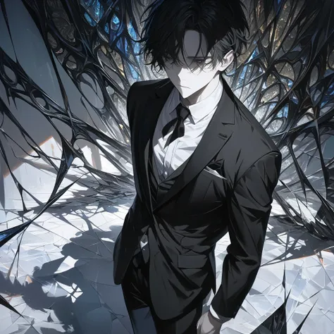 Impasto, short hair, masterpiece, best quality, 1 man, 27-year-old handsome male, black hair, deep-set features, perfect face, grey eyes, pale skin, alone, adult male, upper body, delicate line drawing, extremely detailed, black suit, CEO, slender figure, ...