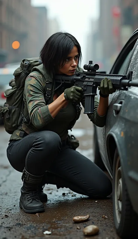 realistic, full body shot, photography, Tom Clancys The Division game, military woman, zoe saldana, short dark brown hair, military mercenary outfit in camouflage city colours consisting of black denim combat trousers and t-shirt and camo jacket and arafat...