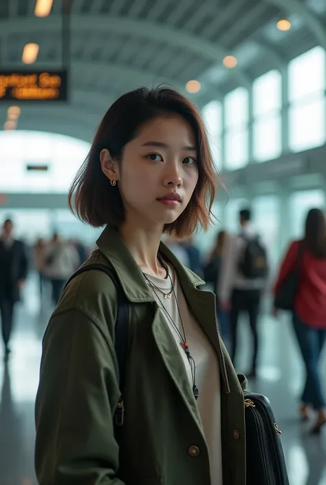 Photo Young woman age 24 at airport with short hair
