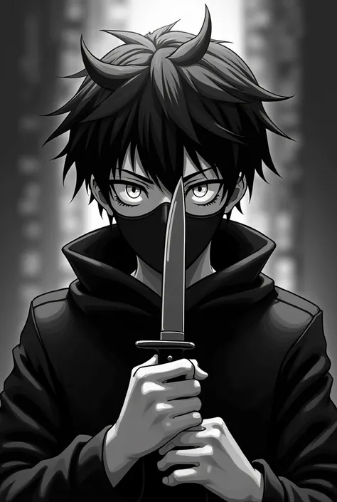 Anime boy with a demon half mask holding a knife black and white