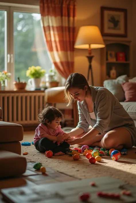 "Playful pets interacting with ren in a cozy, colorful living room filled with warm lighting and scattered toys."

Shot with natural light,  cinematic feel, using a Sony Alpha A9 II and fe 24-70mm gm ii, creating a realistic photograph with accent lighting...