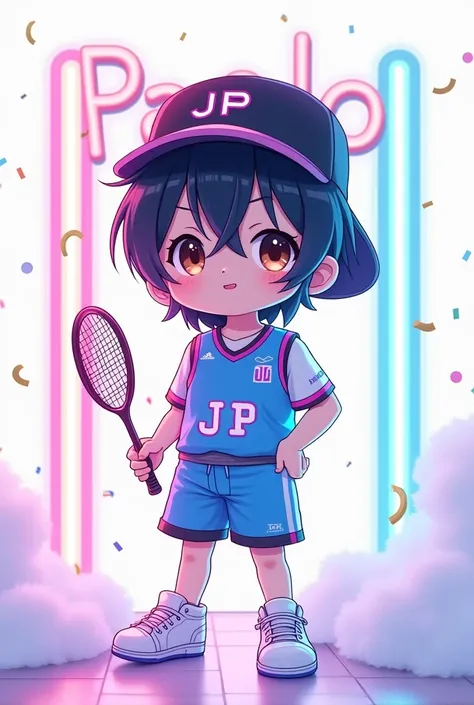 A chibi-style anime photo of Paolo sitting on a sign "PAOLO". Paolo has long, smooth, short black hair with highlighted blue hair and small brown eyes. He has light skin. Paolo is dressed in a casual yet elegant blue terno basketball uniform, a black cap w...