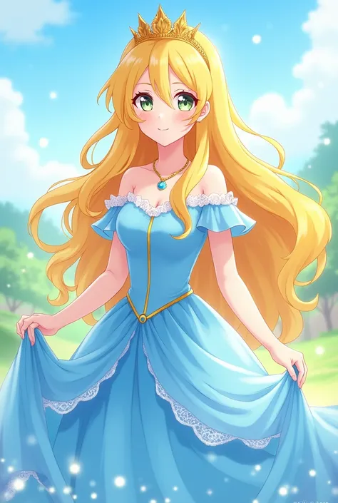  Japanese anime girl, yellow hair,princess, sky blue dress,Shithead,shoes,beauty