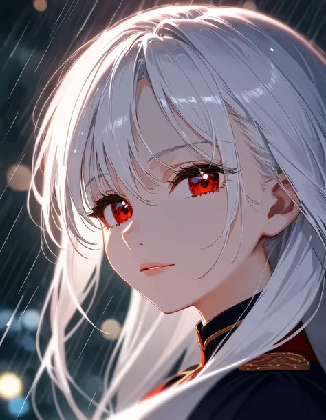 masterpiece, best quality, extremely detailed, cinematic lightning, intricate detail, highres, official art, finely detailed beautiful face and eyes, high resolution illustration, 8k, depth of field, bokeh, solo, 1girl, a girl with white hair and red eyes,...