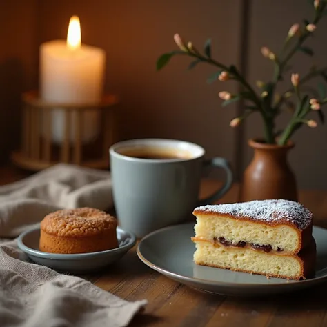 coffee、Tumbler、隣には美味しそうなケーキ、There is a delicious cake next to the gray plate 、Wooden table、warm image、 portrait