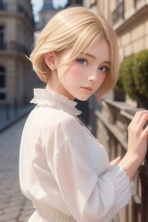 (8k,  best quality, masterpiece: 1.2),  super detailed,  best quality,  ultra high resolution,,  super short hair,  side lock hair,  earrings for a woman alone, Silky Blonde,  professional lighting,, Paris , Storm scene, Edwardian Women Who Dressed in Whit...