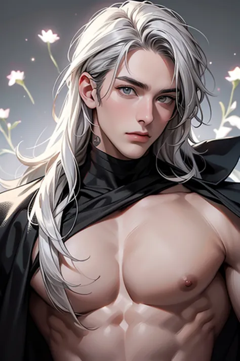 full hd, 4k, better quality, ((1 adult man, 40 years))), ((white long hair)), ((grey eyes)), white turtleneck, black trousers, b...