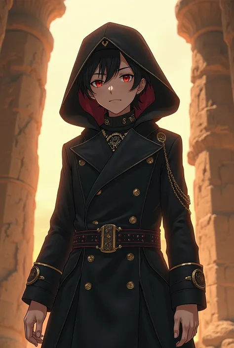 (photorealism:1.2), handsome anime boy wears Gothic Hooded Trench Coat, Steampunk Medieval, a ancients egypt ruin wall in background, sunlight, intricate details,