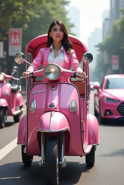 Ladies rider driving rikshaw, car and motorcycle all in pink and white colour, seems realistic ladies(dressed officially) 
and road. 