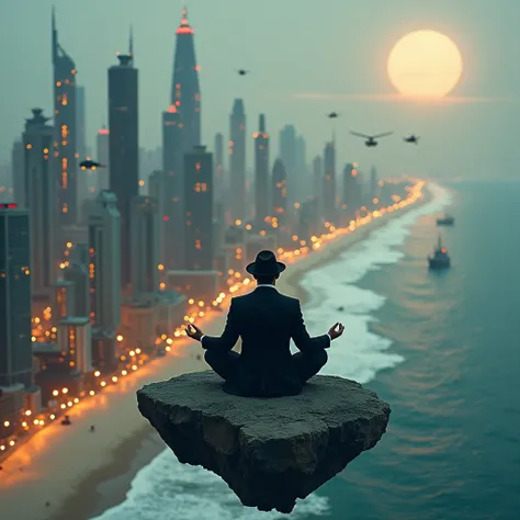 A man sits in a meditative pose on a small, floating rock, overlooking a futuristic city stretching along a beach.  He is centered in the image, mid-ground, and is facing the viewer, with his back to the city lights.  He wears a dark suit and a hat, and hi...