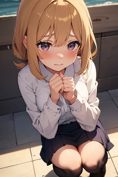 A cute girl can be seen peeing, blushing, teary eyes