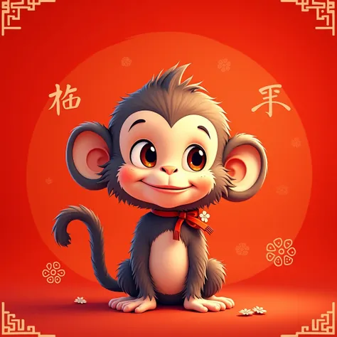 cartoon monkey picture with red background with Chinese aesthetics