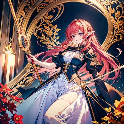  High Quality , masterpiece,  delicate hair ,  delicate eyes ,  Queen of the Elves, woman, Sharp purple eyes,  red hair( orange-red),  long hair, Big Breasts,  glamorous , Mysterious appearance ,  gothic dress,  big ribbon,  holding a bow , drawing arrows ...