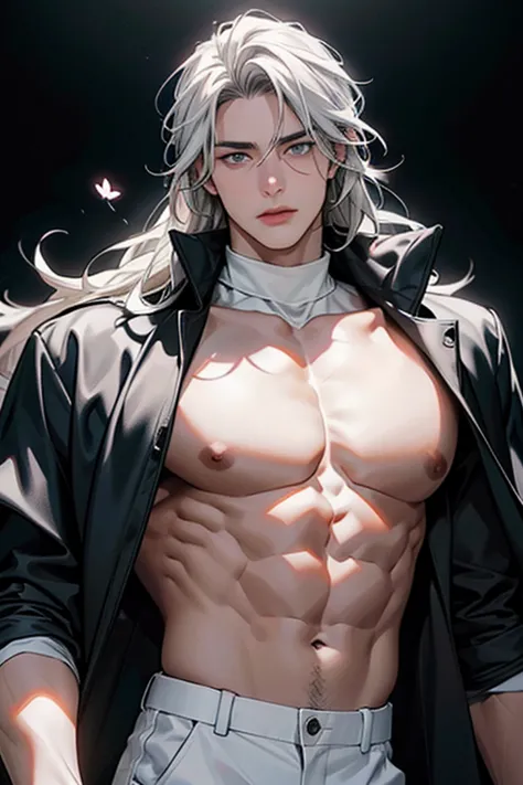 full hd, 4k, better quality, ((1 adult man, 40 years))), ((white long hair)), ((grey eyes)), white turtleneck, black trousers, b...