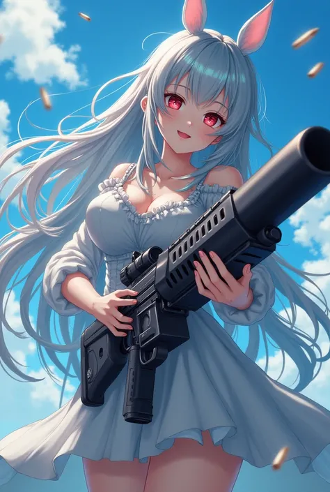 Best Quality,Highest quality,１Goddess  , Japanese idol face , long lashes, large machine gun shooting ,smile,Real 1.8,Silver Hair, holding weapons the same size as her height {x} gradation of light blue hair over the tips of her hair,( very long hair),( Ha...