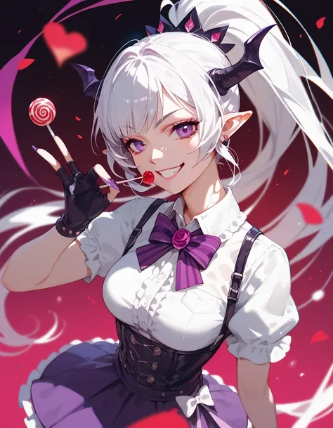 girl,White hair, long ponytail, in purple eyes,Pointed ears,Idol, medium breasts, villains,smile,Wear a skirt, lollipop 