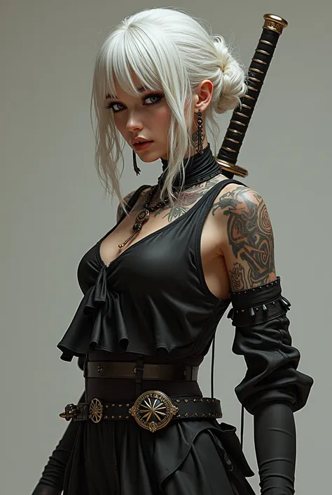 Anatomicamandntand corrandto, plano gandnandral, corpo intandiro, andstilo animand:1.5, A woman with whitand hair and tattoos holding a sword., samurai cybandrpunk muito bonito, pandrsonagandm dand animand ; corpo intandiro art, sanddutora fantasia cybandr...