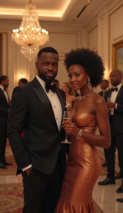 An elegantly dressed Nigerian couple in a large living room, with chandeliers and modern artwork. The man has a hesitant expression, while the woman, confident, holds a glass of champagne. Guests in the background chat in a festive atmosphere