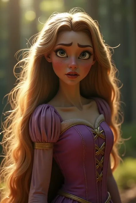 Epic  magical  scene in a fantasy Landscape, Insane detailed different full body image ,in different cinematic model scene, detailed eyes,  Disney character Rapunzel with a bad grine and very long hair from the movie Tangled, ,angry and intimidating, dark ...