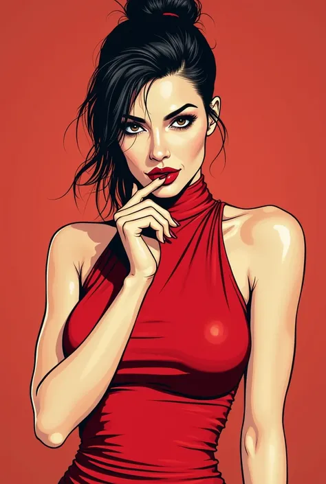 Image in comic book form, drawning,  of a woman in a tight red dress, black hair tied up with just a lock of hair on the face, your age range is 40 years old, your long red nails, with cigarette between fingers 