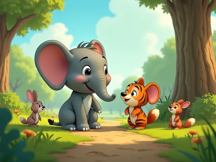  image for a cartoon story YouTube video in Pixar format.  We advocate for change :  Tim the little elephant and his friends are bunnies, squirrels, little tiger cub ,  birds and other small animals are advocating for change in their community,  urging peo...