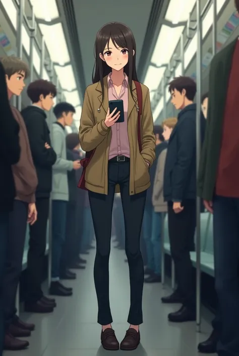 A unrealistic tall woman on her way to work, standing slightly sideways inside a crowded subway surrounded by shorter people. She is holding a smartphone in one hand, looking at the screen. Everyone is standing, in anime style.She pose very naturaly.