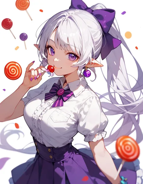 girl,White hair, long ponytail, in purple eyes,Pointed ears,Idol, medium breasts,smile,Wear a skirt, lollipop ,cute