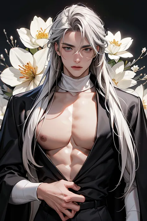 full hd, 4k, better quality, ((1 adult man, 40 years))), ((white long hair)), ((grey eyes)), white turtleneck, black trousers, b...