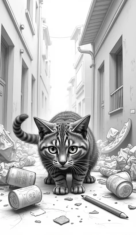 cat eat garbage pencil sketch image