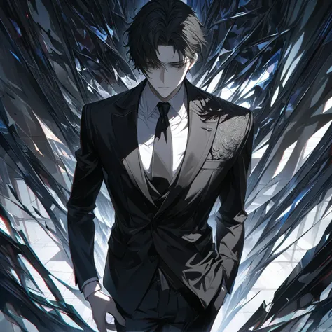 Impasto, short hair, masterpiece, best quality, 1 man, 27-year-old handsome male, black hair, deep-set features, perfect face, grey eyes, pale skin, alone, adult male, upper body, delicate line drawing, extremely detailed, black suit, CEO, slender figure, ...