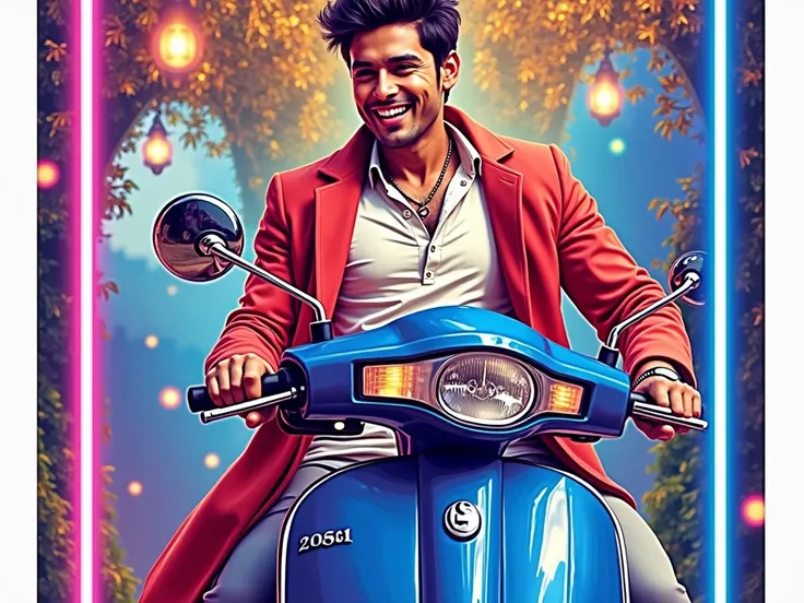 create a dramatic and captivation bollywood movie poster capturing the transformative hourney of an iyound indian man. the larger image present a readial and and dramatic scene, with a handsome young man sitting on a scuty like he is driving a scuty, milin...