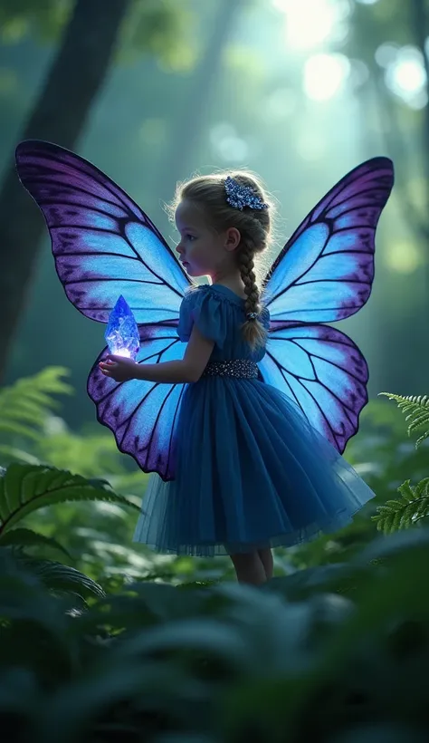 Macro photography of a little sorceress with hair braided with a shiny crystal, riding a blue-violet butterfly. The butterfly is floating amidst a forest of ferns, with beams of sunlight penetrating through the trees. The crystal in the sorceresss hand emi...