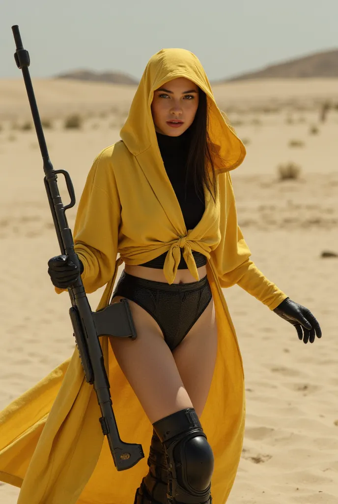 sortant du sable. position sniper. femme assassin futurisme. enveloppé d'un robe ocre. laissant voir la combinaison intégrale bi...