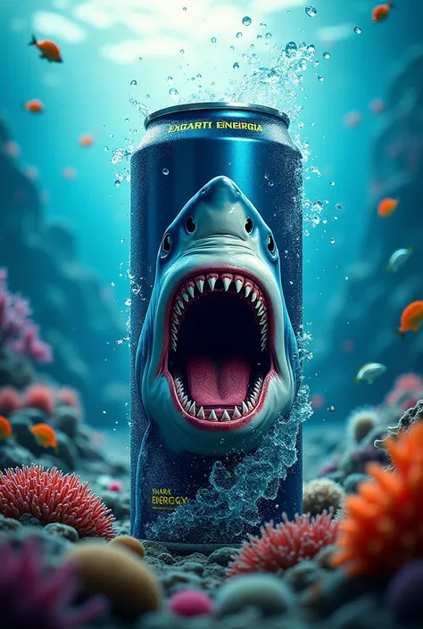 Generate an image of an energy drink with the name Shark Energy Xtreme that is in a can with a seabed 