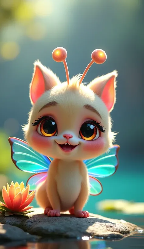 "A tiny cartoon butterfly-human with iridescent wings that shimmer in rainbow colors. Pankhu has a cheerful face, big expressive eyes, and a playful stance, standing near a blooming flower by the lake."