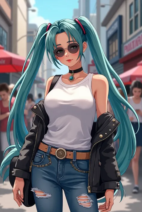 (masterpiece、 best quality、 best quality、 Official Art、 beautiful and beautiful :1.2),( one girl :1.3) Hatsune Miku、 twin tails, Beautiful breasts, 1 girl,, Alone,  upper body, Big Breasts,  A chic and edgy leather jacket、 combined a classic white t-shirt ...