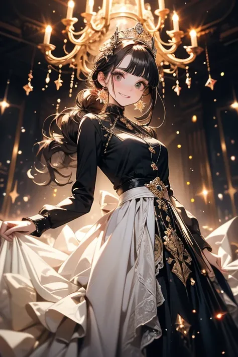  Dramatic Composition , Court dress, Royal, Gorgeous, 层叠的Ruffles, Ruffles, bow, Crystal Chandelier, Romantic Curls, Will release, Drill-like twin ponytails, Look at the lens,  bangs, Maximalism,  Magnificent Background ,  Delicate portrayal of hair and eye...