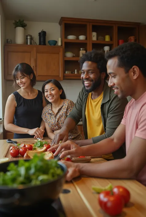 "A diverse group of friends cooking together in a stylish kitchen, showcasing laughter, teamwork, and cultural inclusivity."

Shot with natural light,  cinematic feel, using a Sony Alpha A9 II and fe 24-70mm gm ii, creating a realistic photograph with acce...