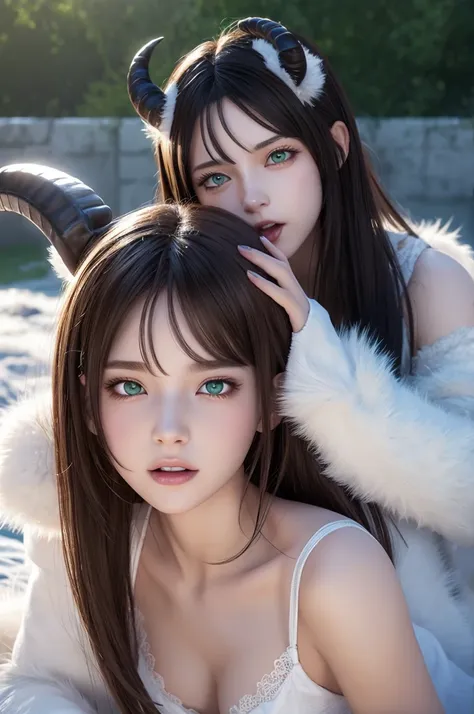 A demonic beast (male) and a human girl together. The beast looks like a goat, covered in white fur all over, with majestic horns, green eyes, a muscular upper body, black glossy claws, and a long tail. The human girl has dark brown hair, dark brown eyes, ...