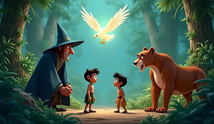 Scene: Mowgli confronts the wizard bravely while Bagheera growls threateningly and Baloo prepares to attack. The bird hovers above them, glowing brightly.


3D cartoon style