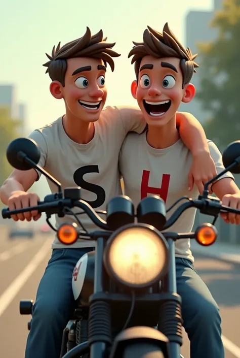 two young male friends clean shaved riding on motor bike wearing tshirts having Alphabet "S" and Alphabet "H" on t shirts