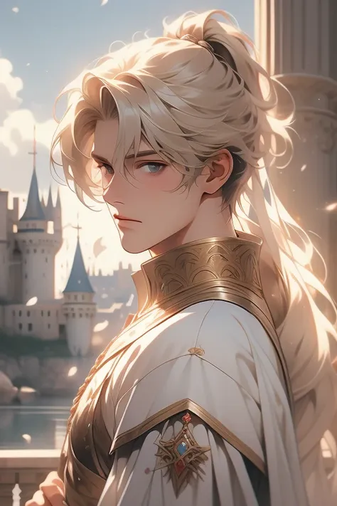 1 male, relaxed, messy blond hair with bangs in a low ponytail, white knight, beautiful, in a castle, medieval fantasy