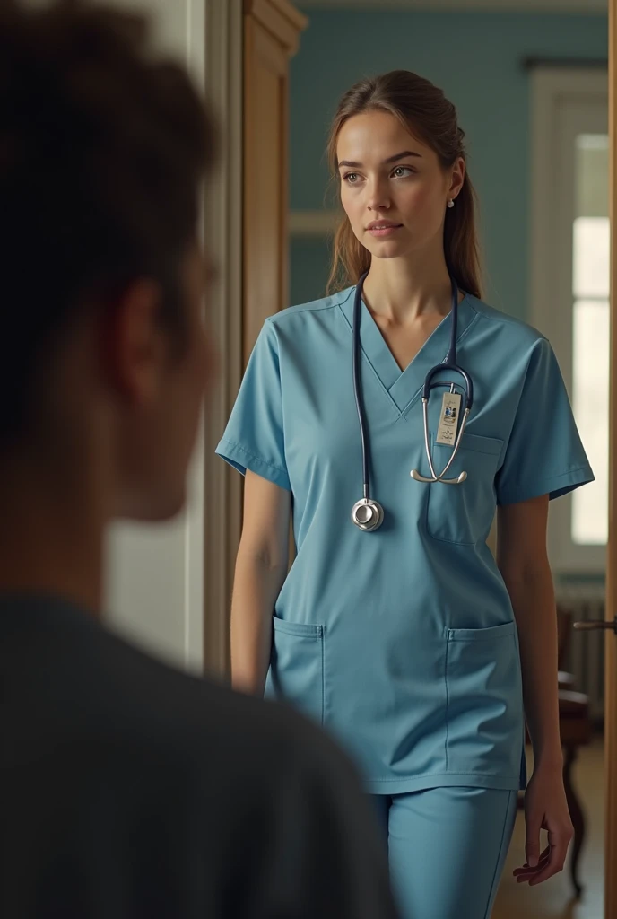 A splitted screen showing in one side a young caucasian woman answering the phone, in her house in france and in the other side a nurse calling to her from the hospital. 