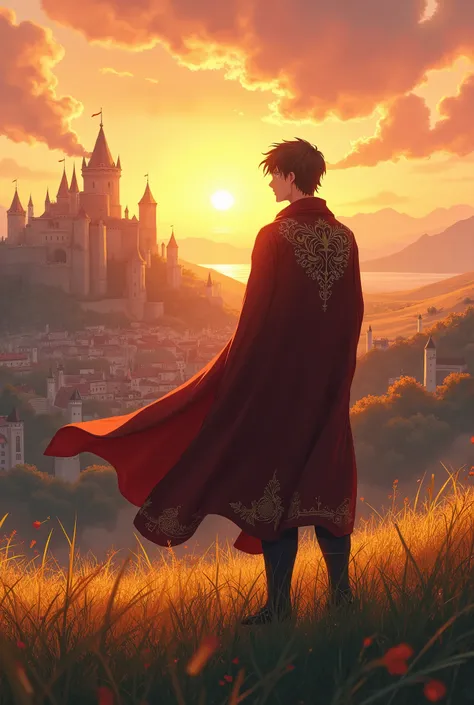 A highly detailed and epic illustration in anime style of a 22-year-old man standing on a grassy hill during autumn, overlooking a grand medieval kingdom bathed in the warm hues of a sunset. The man has a resolute expression, wearing a flowing cloak with i...